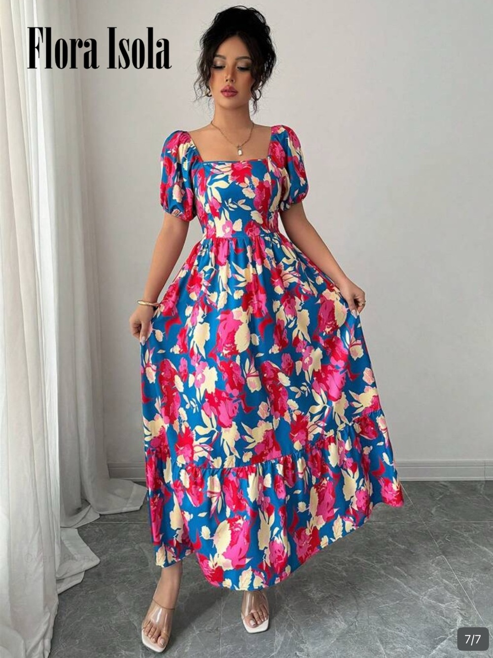 Blue Floral Square-Neck Maxi Dress